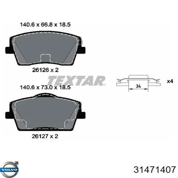 Klocki hamulcowe przednie tarczowe Volvo 31471407 cena, od 51,34 USD