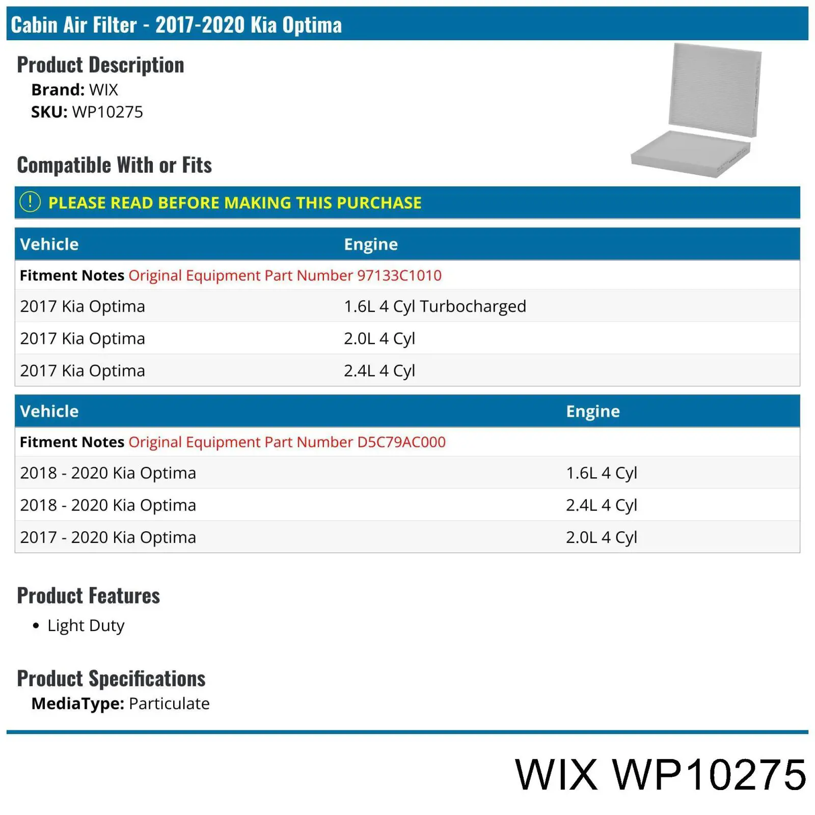 WP10275 WIX filtr kabiny