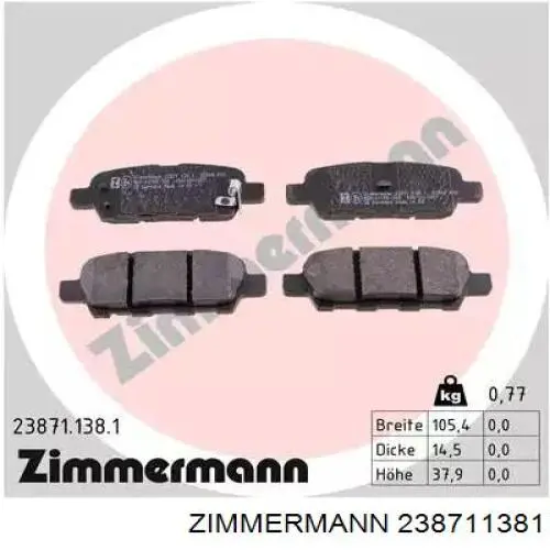 238711381 Zimmermann Okładziny (klocki) do hamulców tarczowych tylne