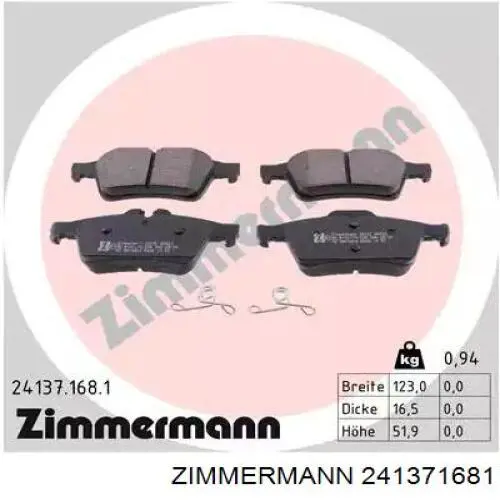 241371681 Zimmermann Okładziny (klocki) do hamulców tarczowych tylne
