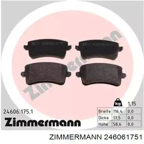 Okładziny (klocki) do hamulców tarczowych tylne Zimmermann 246061751 cena, od 29,81 USD