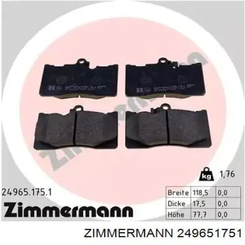 249651751 Zimmermann klocki hamulcowe przednie tarczowe