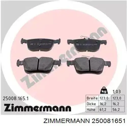 Okładziny (klocki) do hamulców tarczowych tylne Zimmermann 250081651 cena, od 24,19 USD