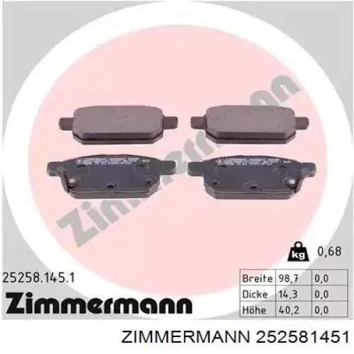 252581451 Zimmermann Okładziny (klocki) do hamulców tarczowych tylne