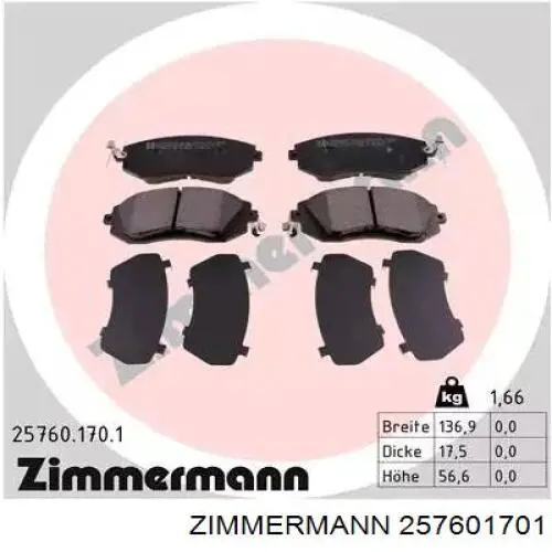 257601701 Zimmermann Klocki hamulcowe przednie tarczowe