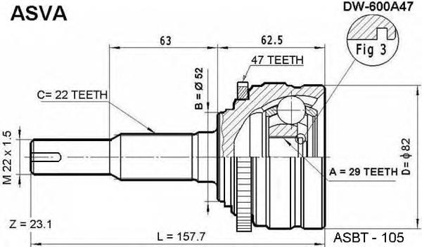 DW600A47 Asva przegub homokinetyczny przedni zewnętrzny