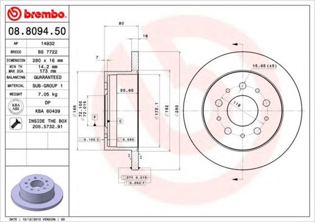 Tarcza hamulcowa tylna 08809450 BREMBO