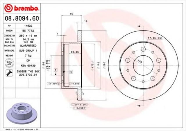 Tarcza hamulcowa tylna 08809460 BREMBO