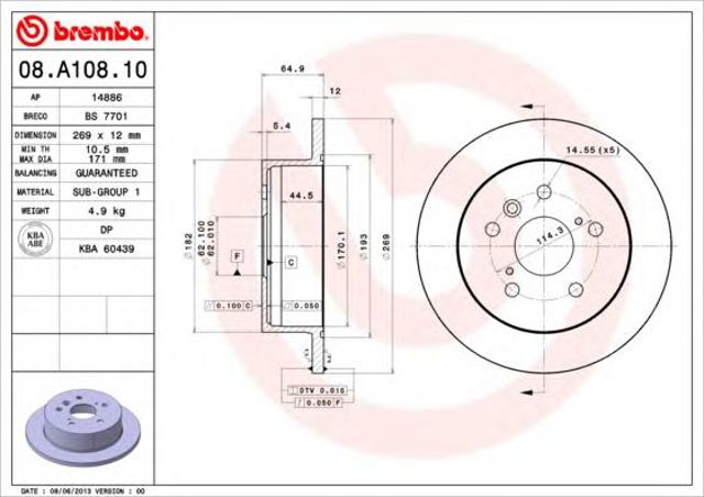 Tarcza hamulcowa tylna 08A10810 BREMBO