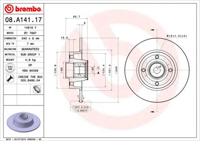 Tarcza hamulcowa tylna 08A14117 BREMBO