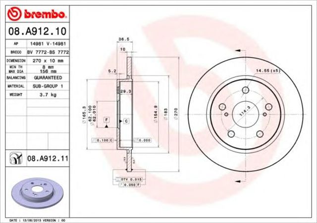 Tarcza hamulcowa tylna 08A91210 BREMBO