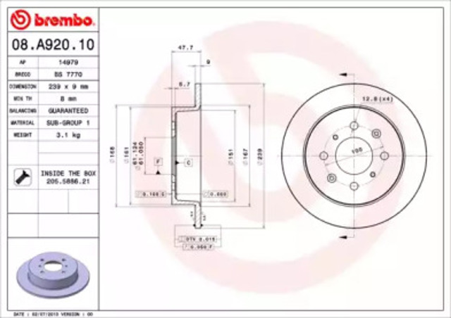 Tarcza hamulcowa tylna 08A92010 BREMBO