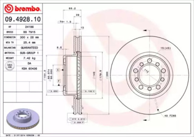 Tarcza hamulcowa przednia 09492810 BREMBO