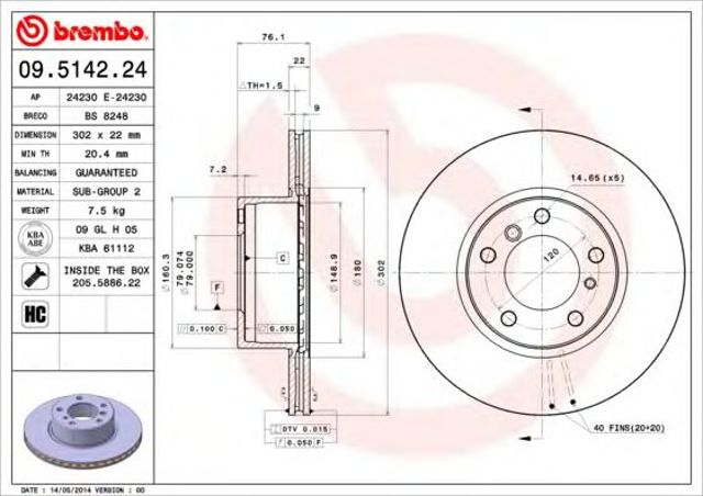 Tarcza hamulcowa przednia 09514224 BREMBO