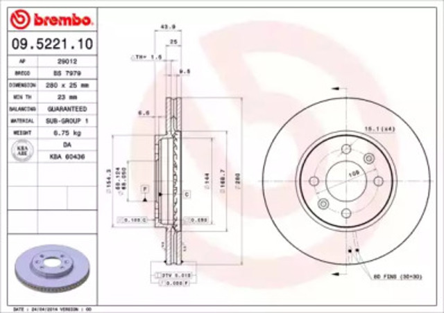 Tarcza hamulcowa przednia 09522110 BREMBO