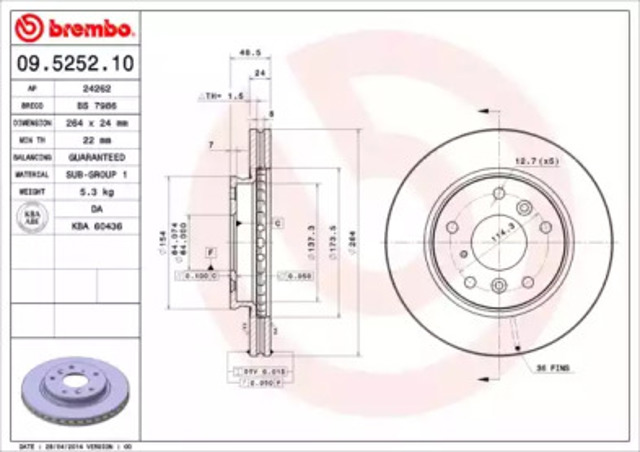 Tarcza hamulcowa przednia 09525210 BREMBO