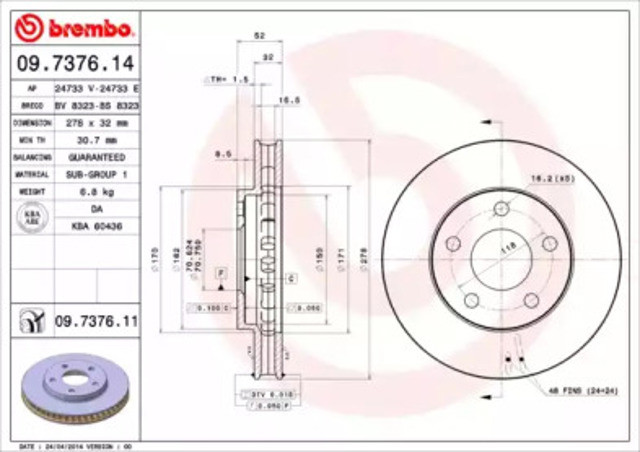 Tarcza hamulcowa przednia 09737611 BREMBO