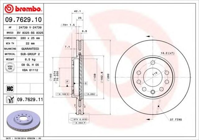 Tarcza hamulcowa przednia 09762911 BREMBO