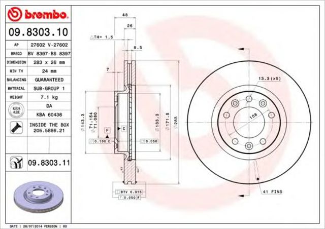 Tarcza hamulcowa przednia 09830310 BREMBO