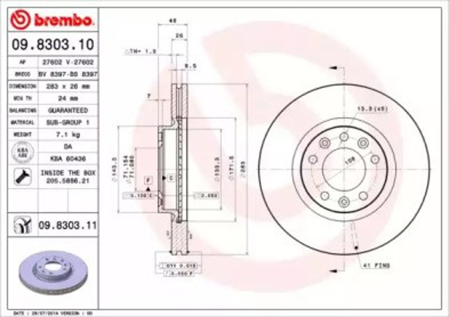 Tarcza hamulcowa przednia 09830311 BREMBO