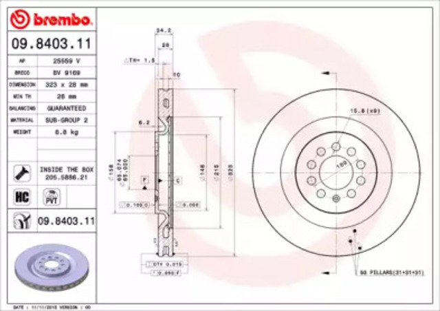Tarcza hamulcowa przednia 09840311 BREMBO