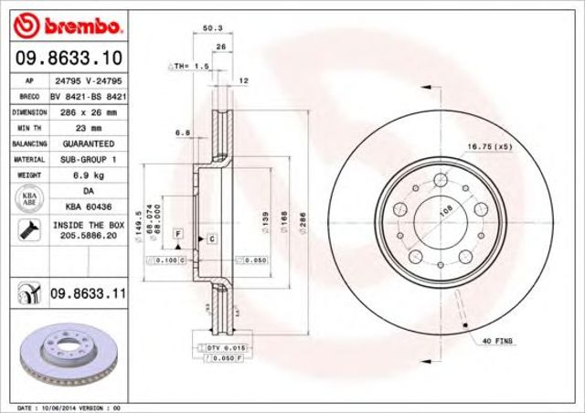 Tarcza hamulcowa przednia 09863311 BREMBO