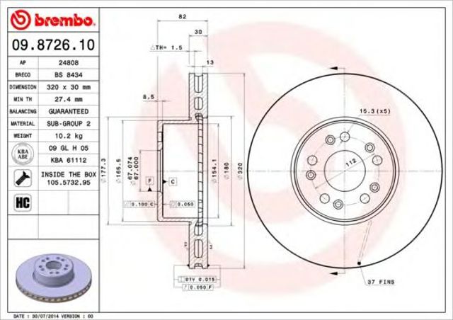 Tarcza hamulcowa przednia 09872610 BREMBO