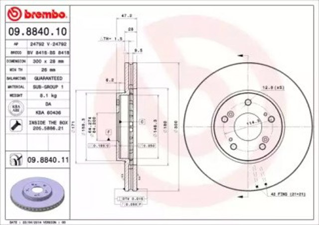 Tarcza hamulcowa przednia 09884011 Brembo