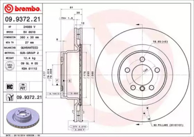 Tarcza hamulcowa przednia 09937221 BREMBO