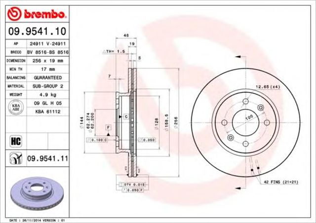 Tarcza hamulcowa przednia 09954111 BREMBO