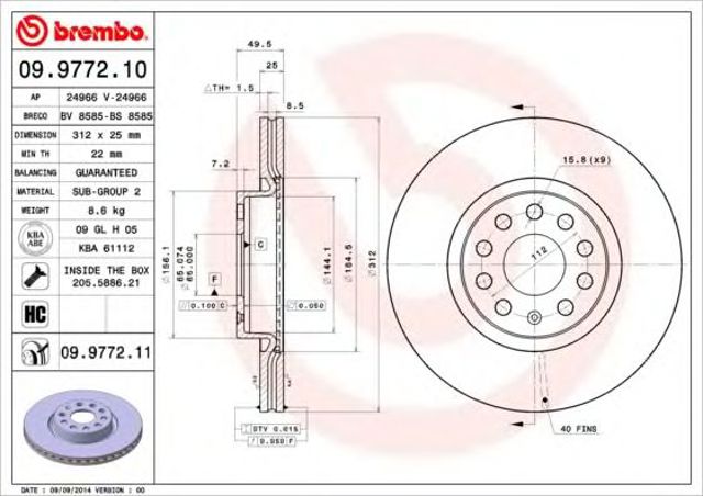 Tarcza hamulcowa przednia 09977211 BREMBO