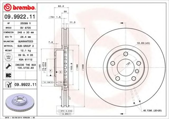 Tarcza hamulcowa przednia 09992211 BREMBO