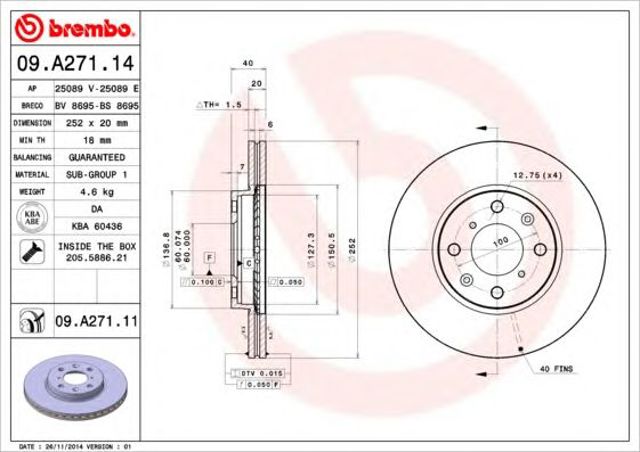 Tarcza hamulcowa przednia 09A27114 BREMBO