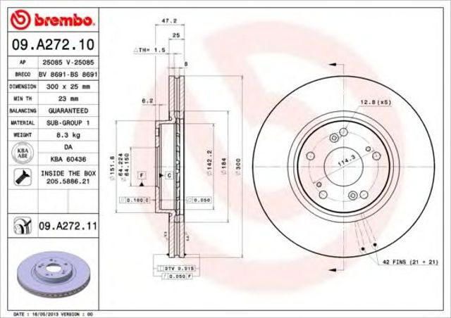 Tarcza hamulcowa przednia 09A27211 BREMBO