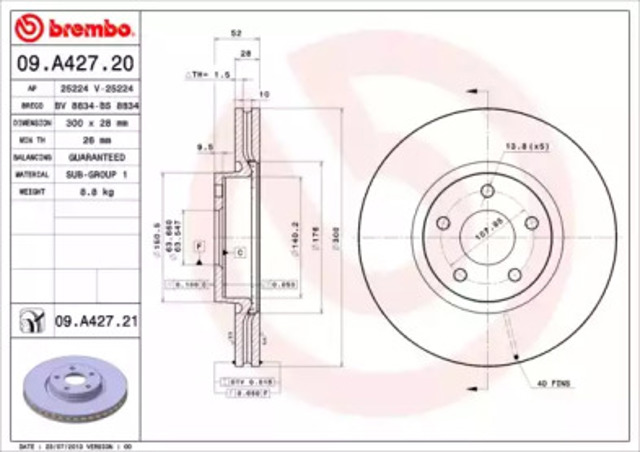 Tarcza hamulcowa przednia 09A42721 BREMBO