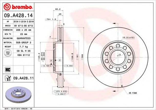Tarcza hamulcowa przednia 09A42811 BREMBO