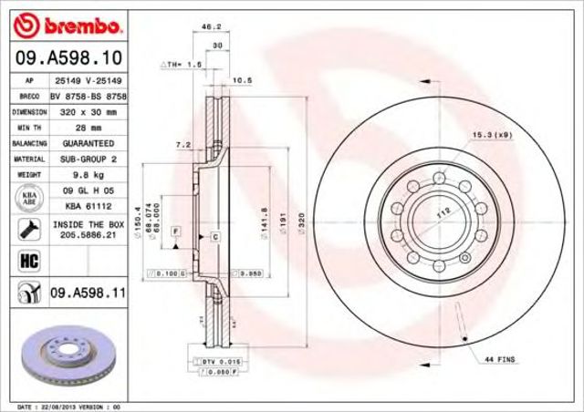 Tarcza hamulcowa przednia 09A59811 BREMBO