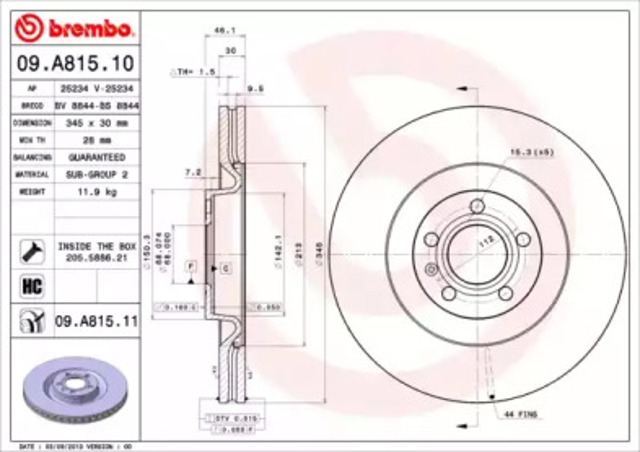 Tarcza hamulcowa przednia 09A81511 BREMBO
