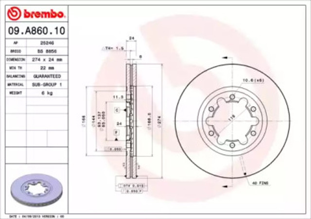 Tarcza hamulcowa przednia 09A86010 BREMBO