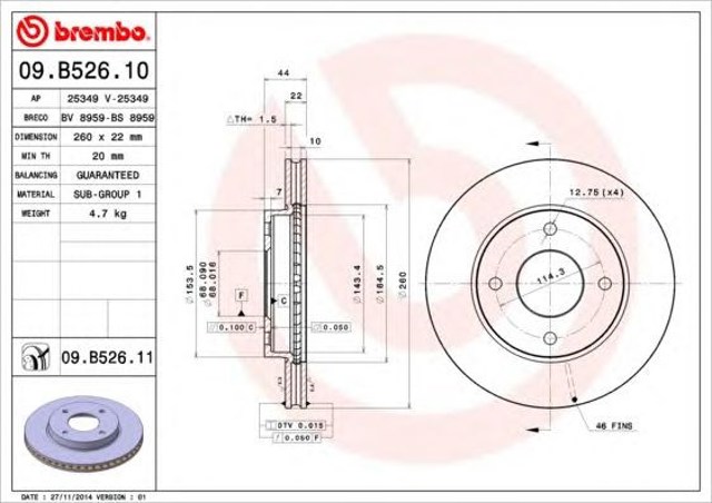 Tarcza hamulcowa przednia 09B52610 Brembo