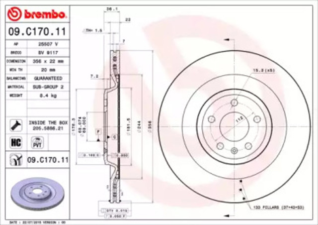 Tarcza hamulcowa tylna 09C17011 BREMBO