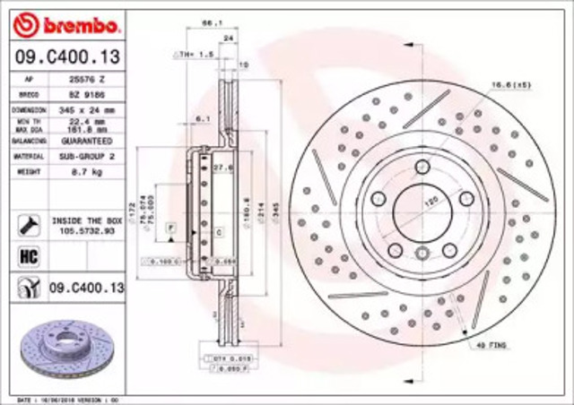 Tarcza hamulcowa tylna 09C40013 BREMBO