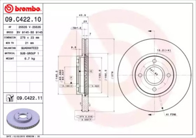 Tarcza hamulcowa przednia 09C42211 BREMBO