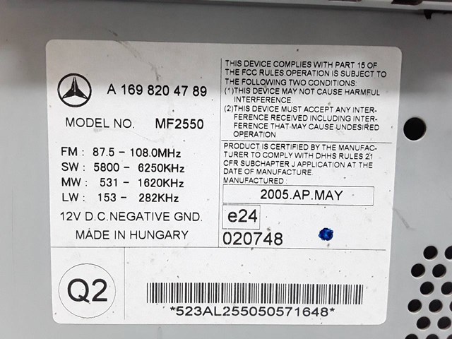 Radioodtwarzacz (radio AM/FM) A1698204789 MERCEDES