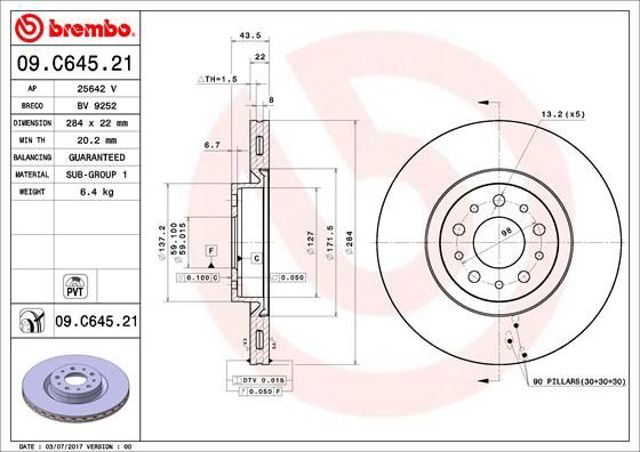 09.C645.21 Brembo tarcza hamulcowa przednia