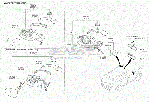 Lusterko wsteczne prawe Hyundai/Kia 87620C5110 cena, od 277,80 USD
