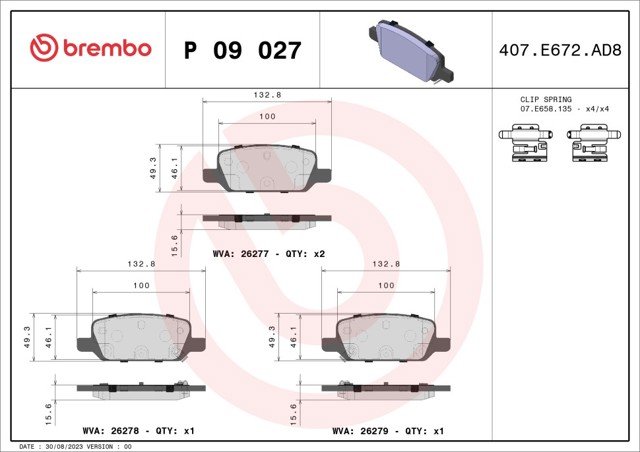 P09027 Brembo okładziny (klocki do hamulców tarczowych tylne)