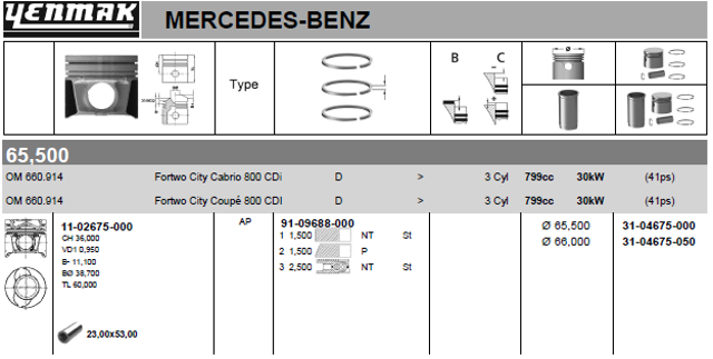 Do koszyka Tłok, komplet do jednego cylindru, STD Smart FORTWO  450