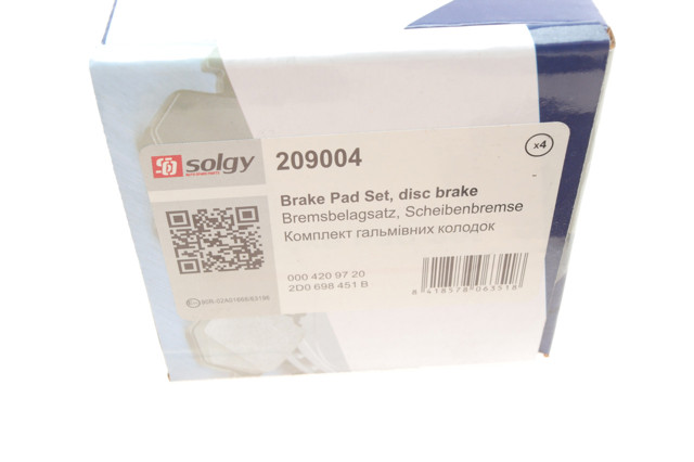 209004 Solgy Okładziny (klocki) do hamulców tarczowych tylne